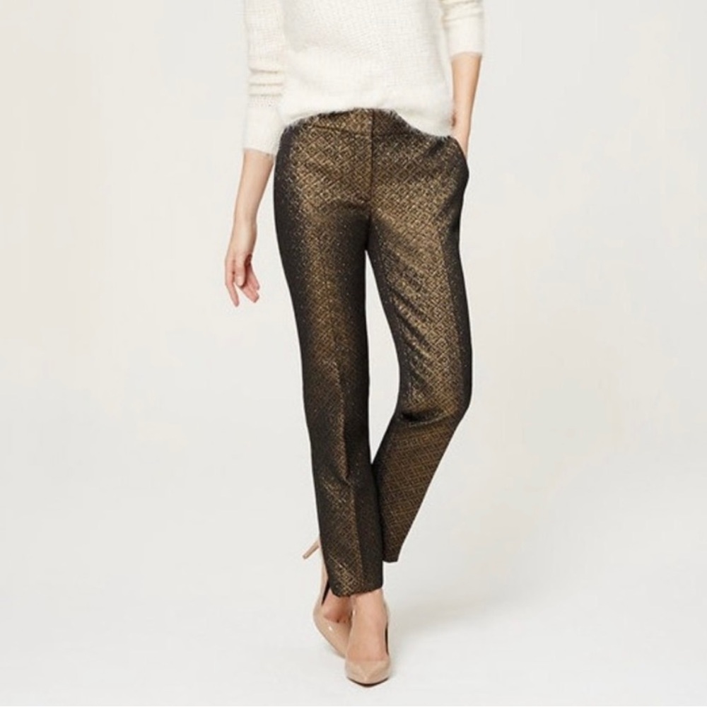 Loft Marisa jacquard metallic pencil pants. Black/gold. 2P. Brand new w/o tags